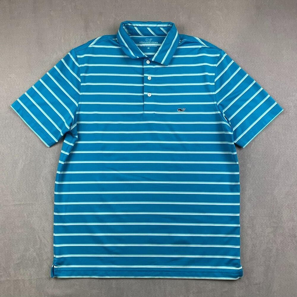 Vineyard Vines Performance Mens Shirt Medium Blue Striped Polo Polyester Spandex